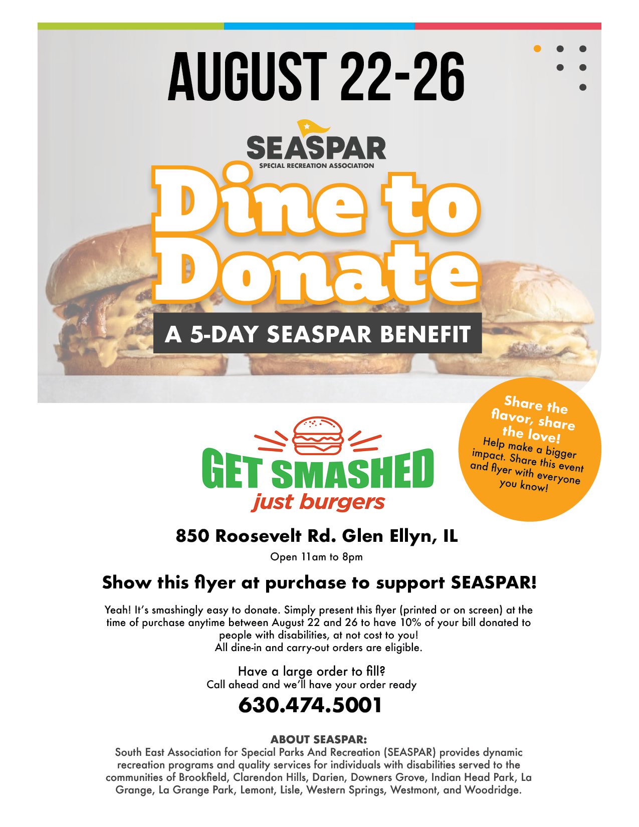 SEASPAR Dine to Donate: Get Smashed event flyer. Provide this at purchase to earn SEASPAR 10% of your purchase in donations. 