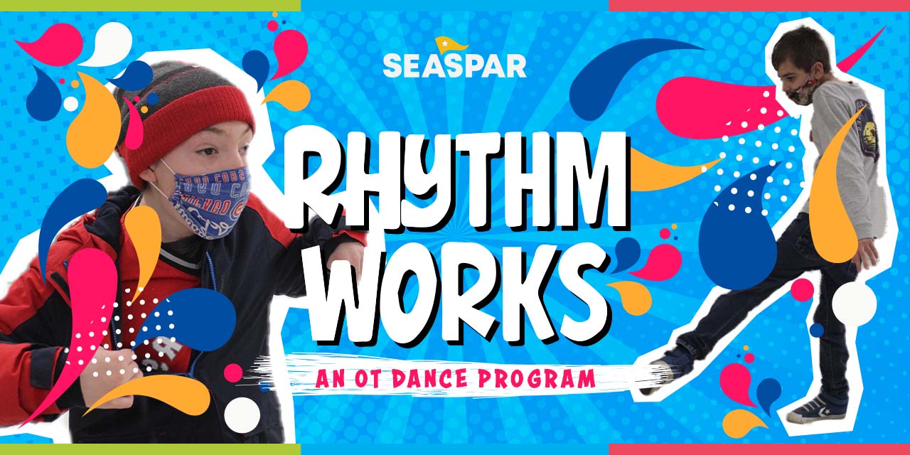 A photo of two youths dancing. Colorful graphics surround the figures with the "Rhythm Works an O.T. Dance program" in the center.