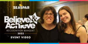 A image featuring two female adults wearing black dresses. The image has the SEASPAR and Believe and Achieve Logo superimposed. Dating indicated this event as the 2022 Recognition Banquet Event Video.