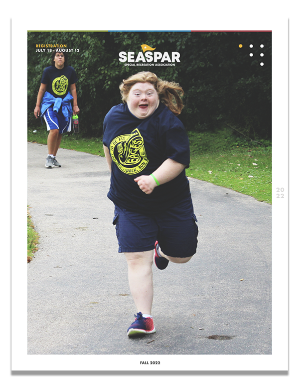 The front cover of SEASPAR's Fall 2022 Program Guide which features a image of a participant running along a walking path.