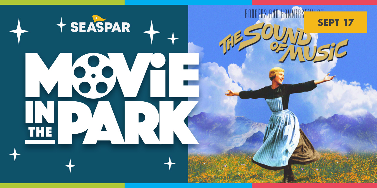 Movie in the Park, featuring a illustration of a woman dancing in a field of grass with the title :the Sound of Music" above.