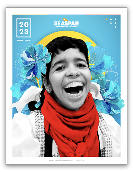 SEASPAR winter-spring 2023 Program Guide Cover featuring a smiling girl surrounded by floral-like graphics.