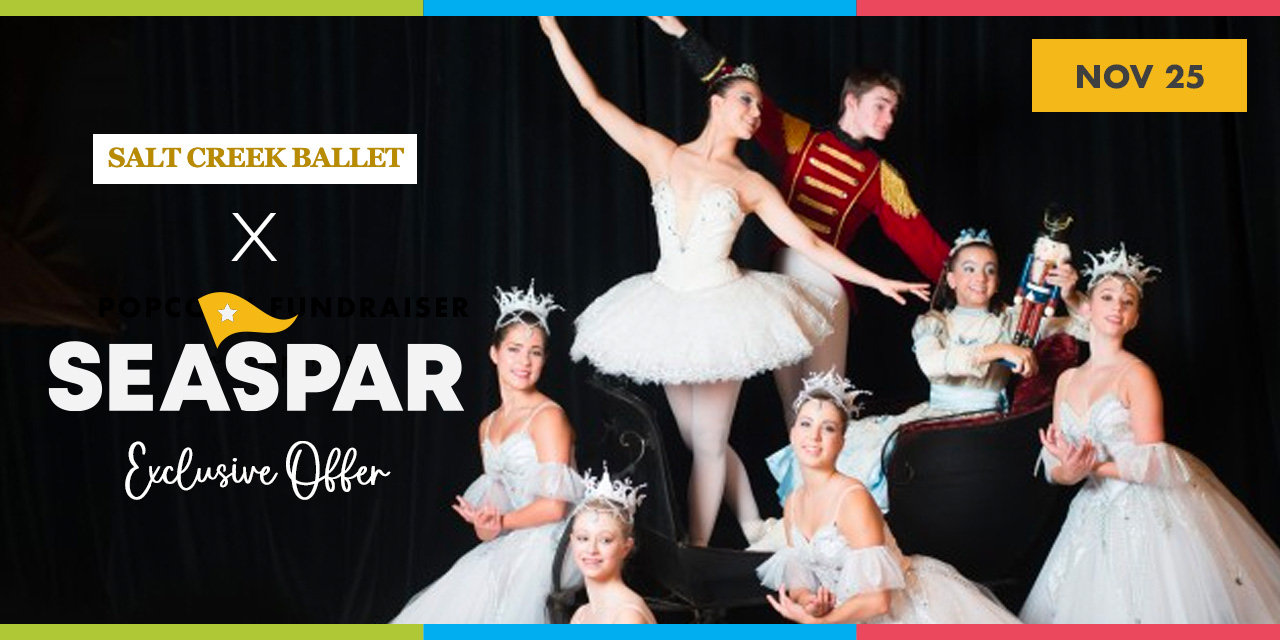 Salt Creek Ballet presents an exclusive offer for SEASPAR Families. A photo of six young female ballerinas and a young male dressed as a soldier.
