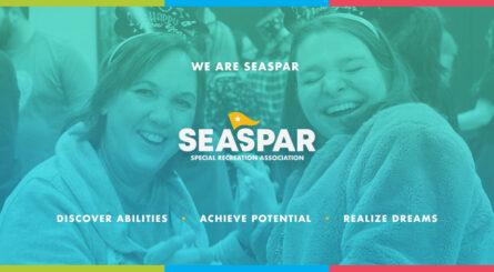 Image: A young woman and adult woman smile while holding hands. Text: We Are SEASPAR. SEASPAR Logo, Discover Abilities, Achieve Potential, Realize Dreams.