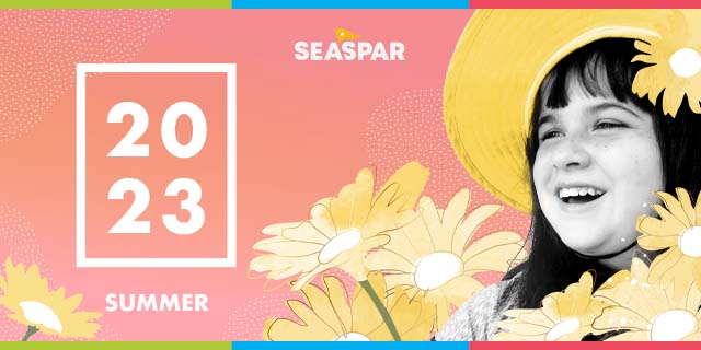 An Image featuring a young girl surrounded by illustrated flowers, and text that reads, "SEASPAR, 2023 Summer."