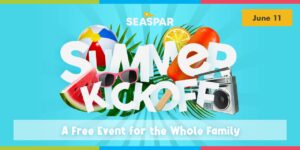 A collection of summertime items like, a watermelon, beach ball, lemon wedge, popsicle, boombox, and tropical leaves surround text that reads, "Summer Kickoff." A subtitle reads. "A free event for the whole family." A date of June 11 is indicates as the event's date.