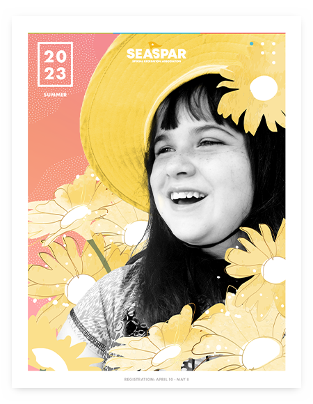 The cover of SEASPAR's Summer 2023 Program Guide featuring a smiling young girl surrounded by illustrated flowers and text that reads, "SEASPAR 2023 Summer Registration April 10 - May 6." 