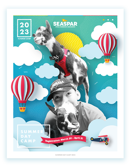 The cover of SEASPAR's Summer Day Camp 2023 Program Guide which features a boy surrounded by illustrated clouds, hot-air balloons, a sun graphic, goats, and text that reads, SEAPSPAR 2023, Summer Day Camp, Registration May 20 - April 20. 